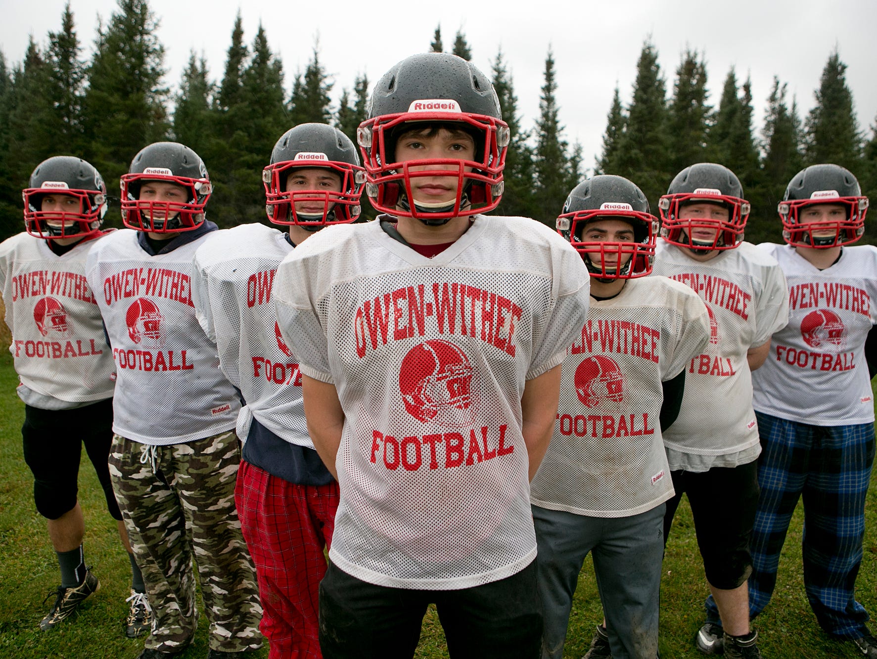 Owen-Withee right tackle Kolton Kaduce, from left, right tackle Jake Prepeluh, right guard Jake Ovyn, center Justin Wundrow, left guard Brandon Cwikla, left tackle Jesse Cwikla and left tackle William Maki have been the key to the team’s success running the ball this season.