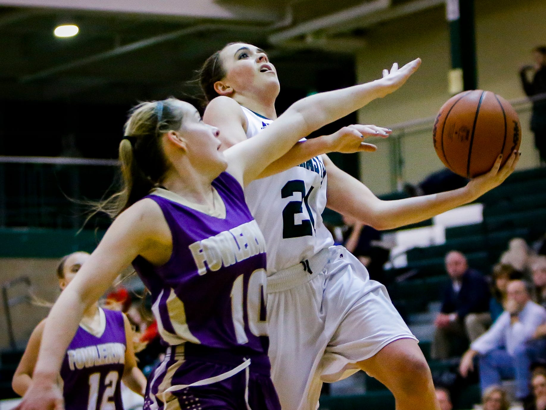 Halle Wisbiski of Williamston draws a foul against Fowlerville's Ollie Updike. Second-ranked Williamston handed Fowlerville its third loss.