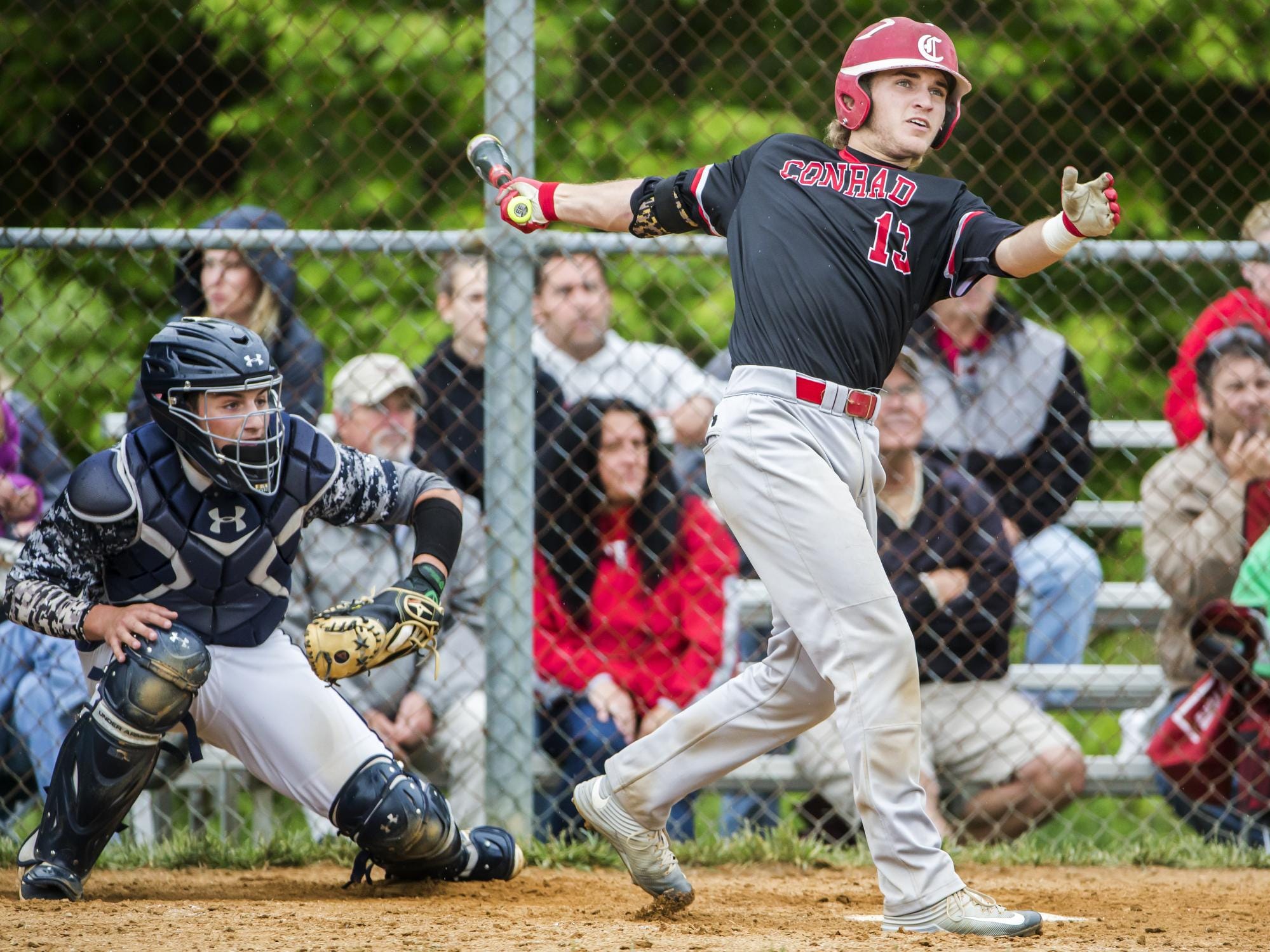 Conrad's Brock Nowell watches as his home run leaves the field in the fourth inning of Conrad's 1-0 win over Delaware Military Academy in Newark on Tuesday afternoon.