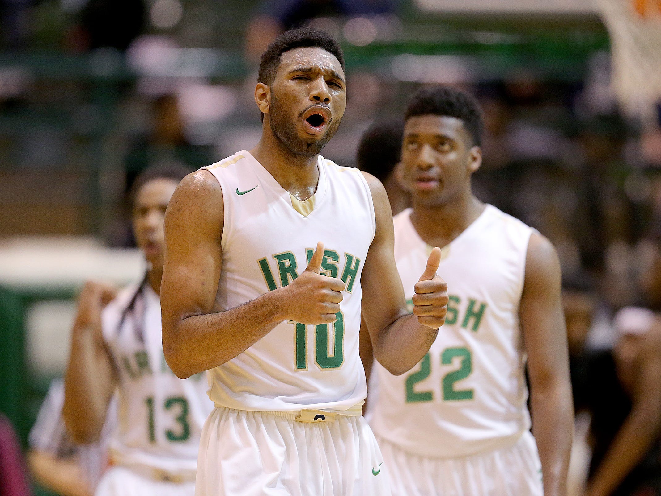 Cathedral Irish Eron Gordon (10) was not happy with a foul called on him in the second half of the Indianapolis City Boys Basketball Tournament finals Monday, Jan 25, 2016, evening at Arsenal Tech High School. The Asenal Tech Titan defeated the Cathedral Irish 60-55.