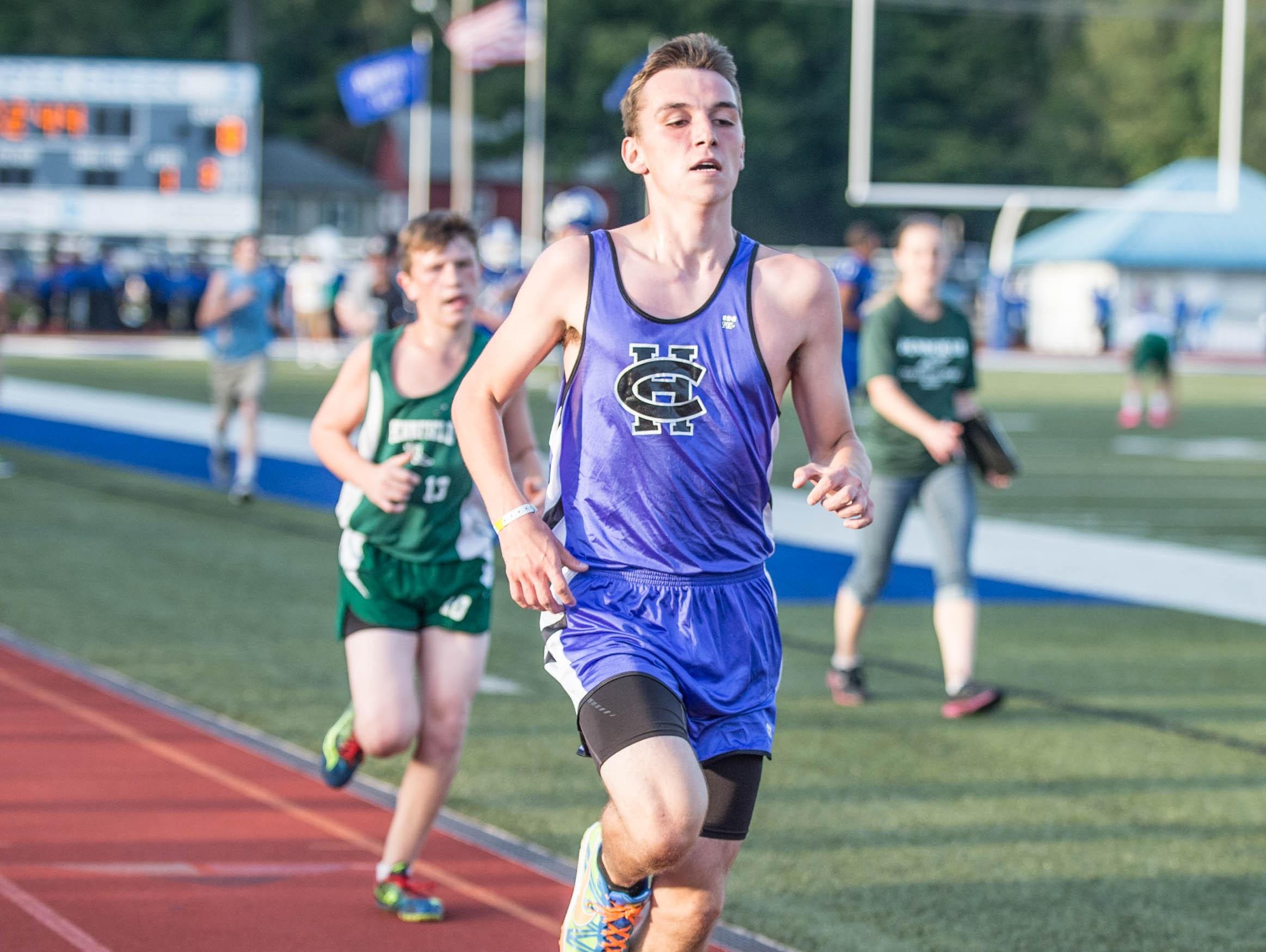 Harper Creek's Ben Isaacson is the boys first place finisher of the cross country meet at Harper Creek Friday.