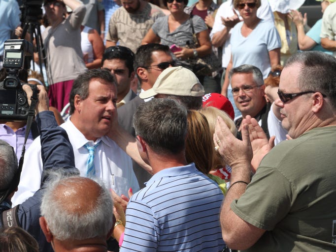 Governor Chris Christie arrives for town hall meeting at the Huisman Gazebo  in Belmar.  Wednesday July 30 Belmar NJ.   Photo by Robert Ward