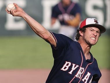 Byram Hills' Frank Vesuvio (22) pitching against Rye during a baseball game at Disbrow Park in Rye May 12, 2015. Byram Hills won the game 15-2.