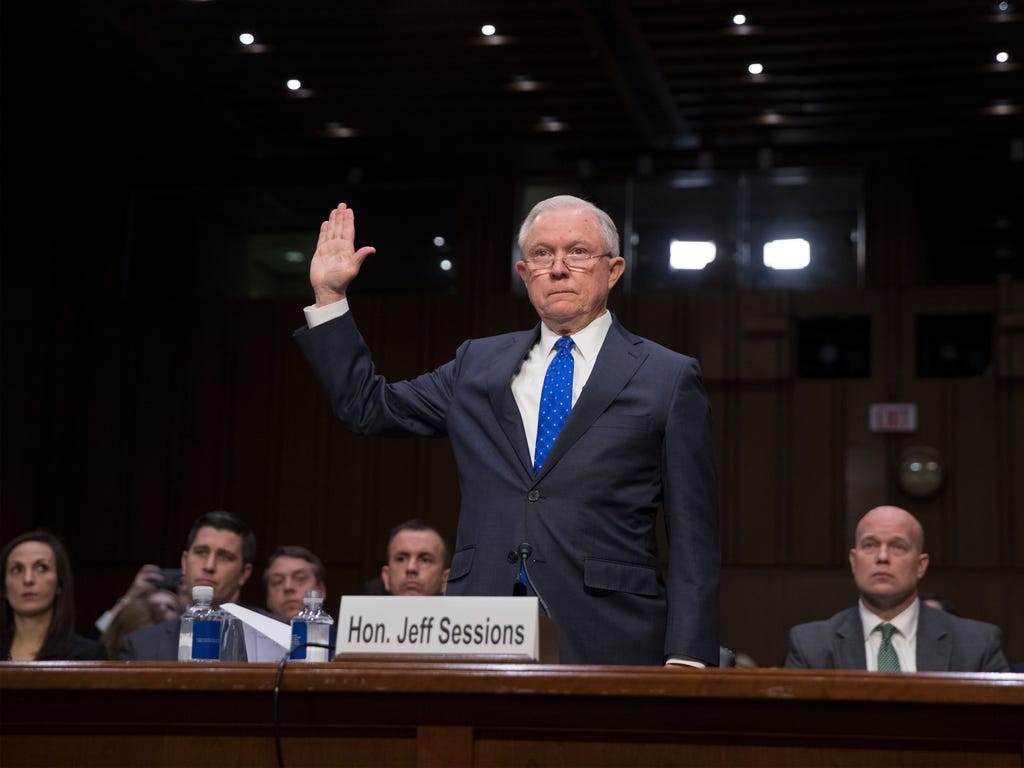 Attorney General Jeff Sessions is sworn-in to testify before the Senate Judiciary Committee hearing on oversight of the Department of Justice on Capitol Hill in Washington on Oct. 18, 2017.