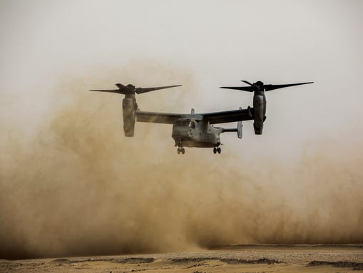 An Osprey prepares to land during a tactical recovery