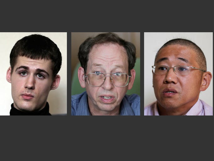 North Korea gave foreign news media access to three detained Americans on Sept. 1, from left, Mathew Miller, Jeffrey Edward Fowle and Kenneth Bae.