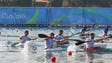 Rowers compete during a men's 1000-meter double kayak
