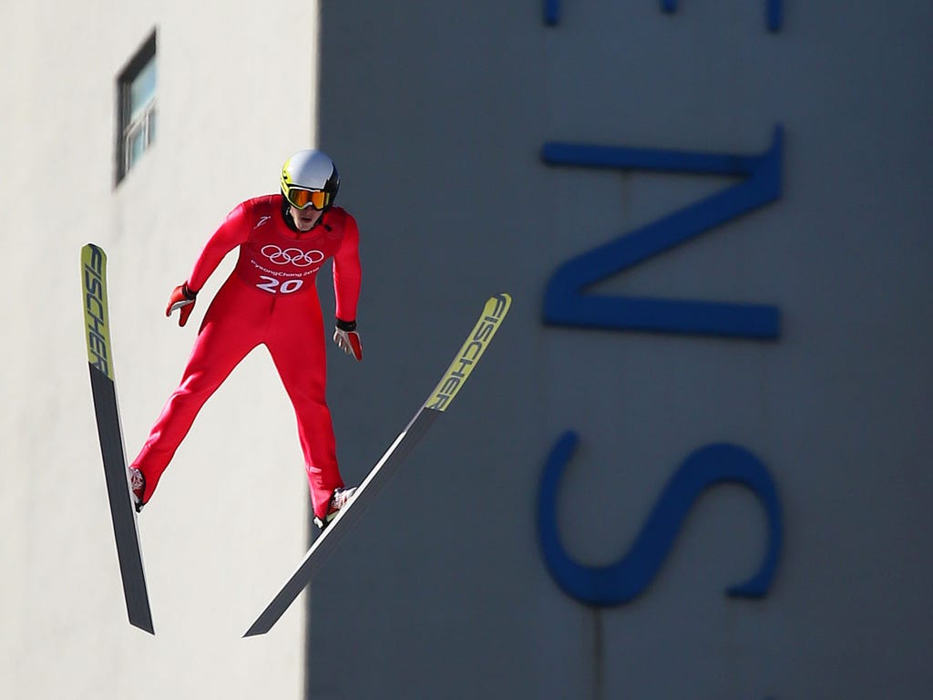 Jonathan Learoyd from France soars through the air during a ski jumping training session at the Alpensia Ski Jumping Center in advance of the 2018 Winter Olympic Games in Pyeongchang, South Korea.