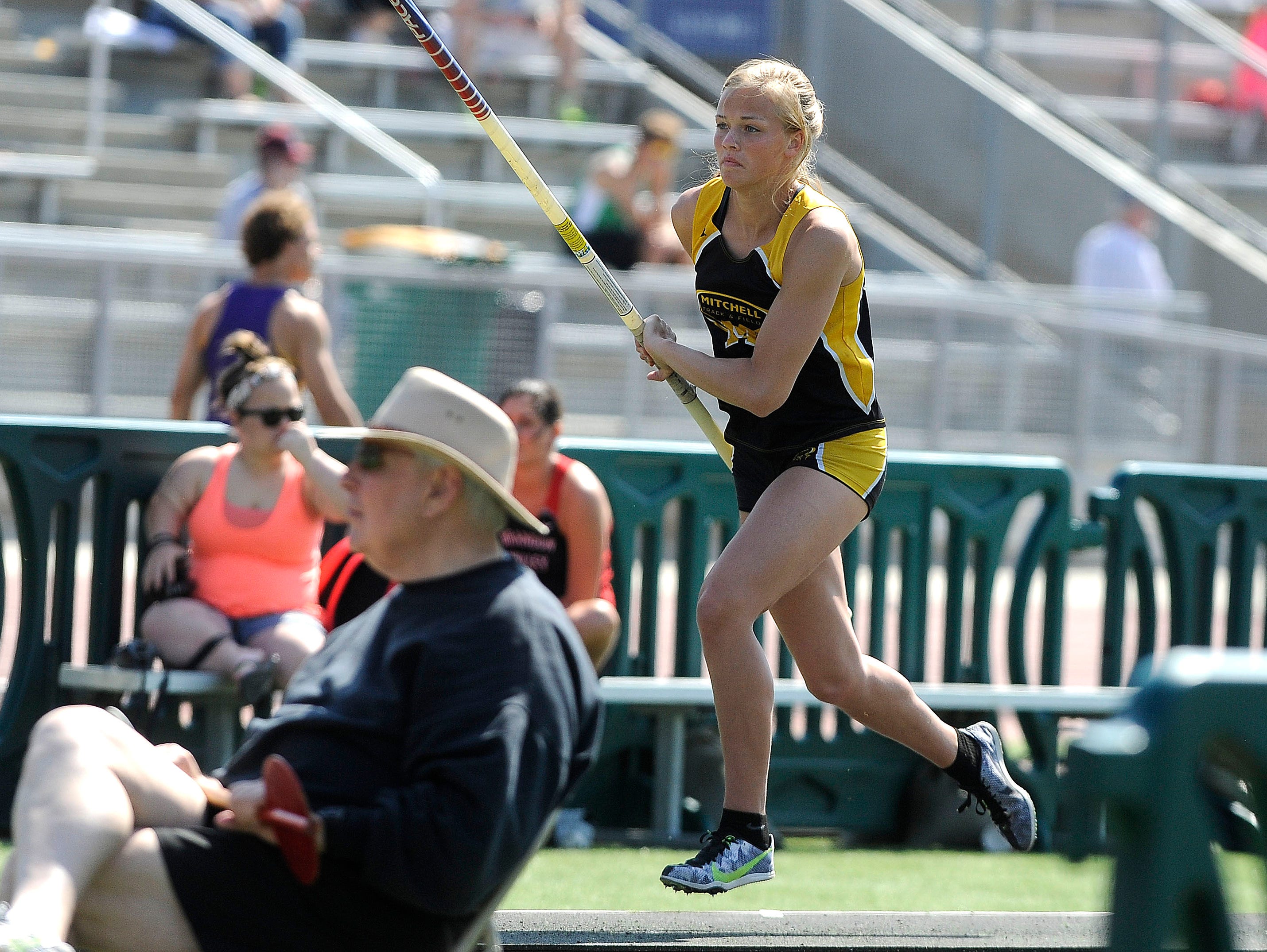 Mitchell's Tevyn Waddell takes part in the girls pole vault during Howard Wood Dakota Relays in Sioux Falls, S.D., Saturday, May 2, 2015.