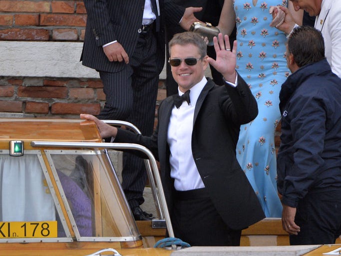 Matt Damon, who co-starred with Clooney in the 'Ocean's 11' franchise and this year's 'Monument Men,' catches his water taxi.