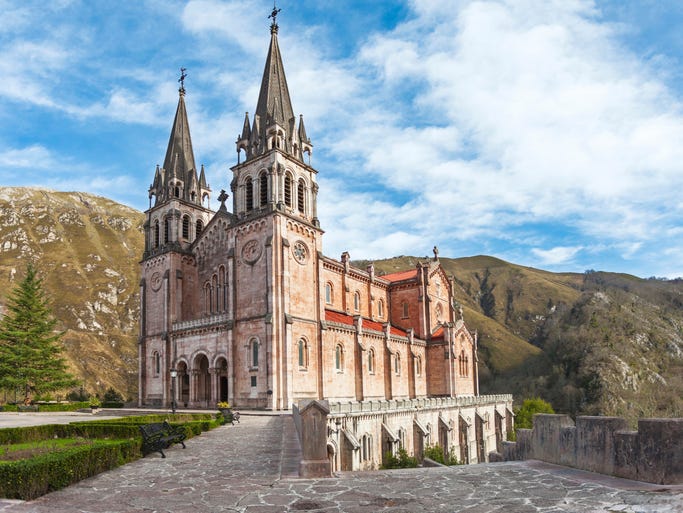 Our Lady of Covadonga Cathedral in northwest Spain is notable for its slight pink coloration from the pink marble excavated from the surrounding mountains.