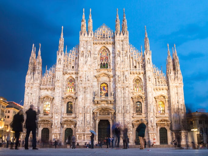 It took over five centuries to                                                           complete the                                                           magnificent                                                           Gothic                                                           cathedral                                                           known as the                                                           Duomo in                                                           Milan. It's                                                           the fourth                                                           largest church                                                           in the world                                                           and has 135                                                           marble   spires                                                             and well over                                                           3,000 statues                                                           lining the                                                           exterior.