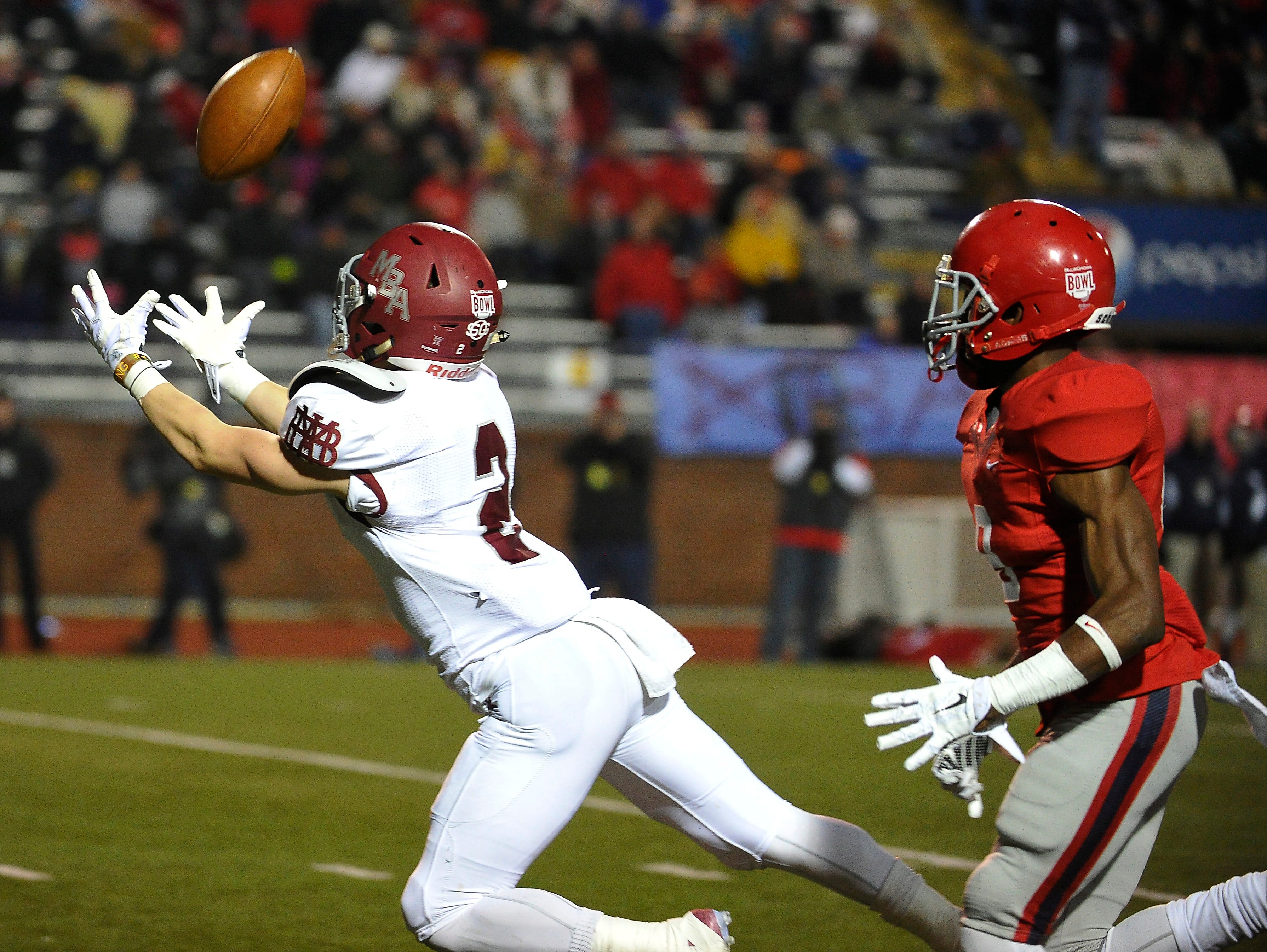 Montgomery Bell Academy's Montgomery Owen brings in a pass against Brentwood Academy in the BlueCross Bowl DII-AA state title game on Dec. 3, 2015, in Cookeville.