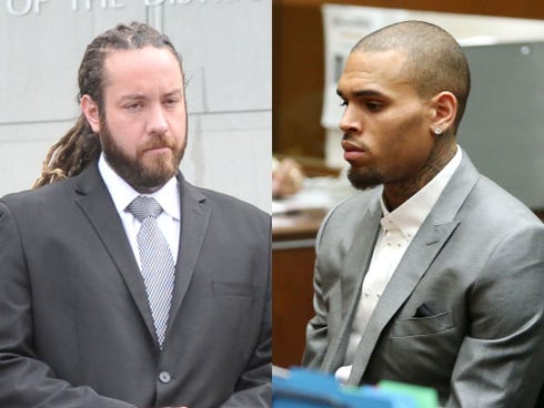 Chris Brown's bodyguard, Christopher Hollosy, left, has been convicted of assault.