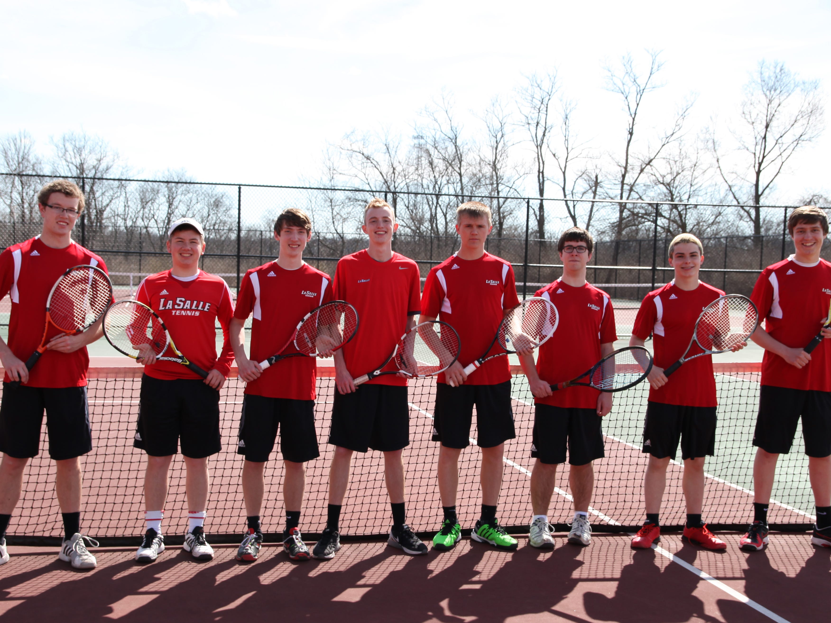 Members of the La Salle tennis team in 2015 are, from left: Nathan Barry, Matt Bumpus, Eric Ruhe, Eric Blessing, Ian Paul, David Orth and Jeff Bogenschutz. Not pictured, Jake Lawson.