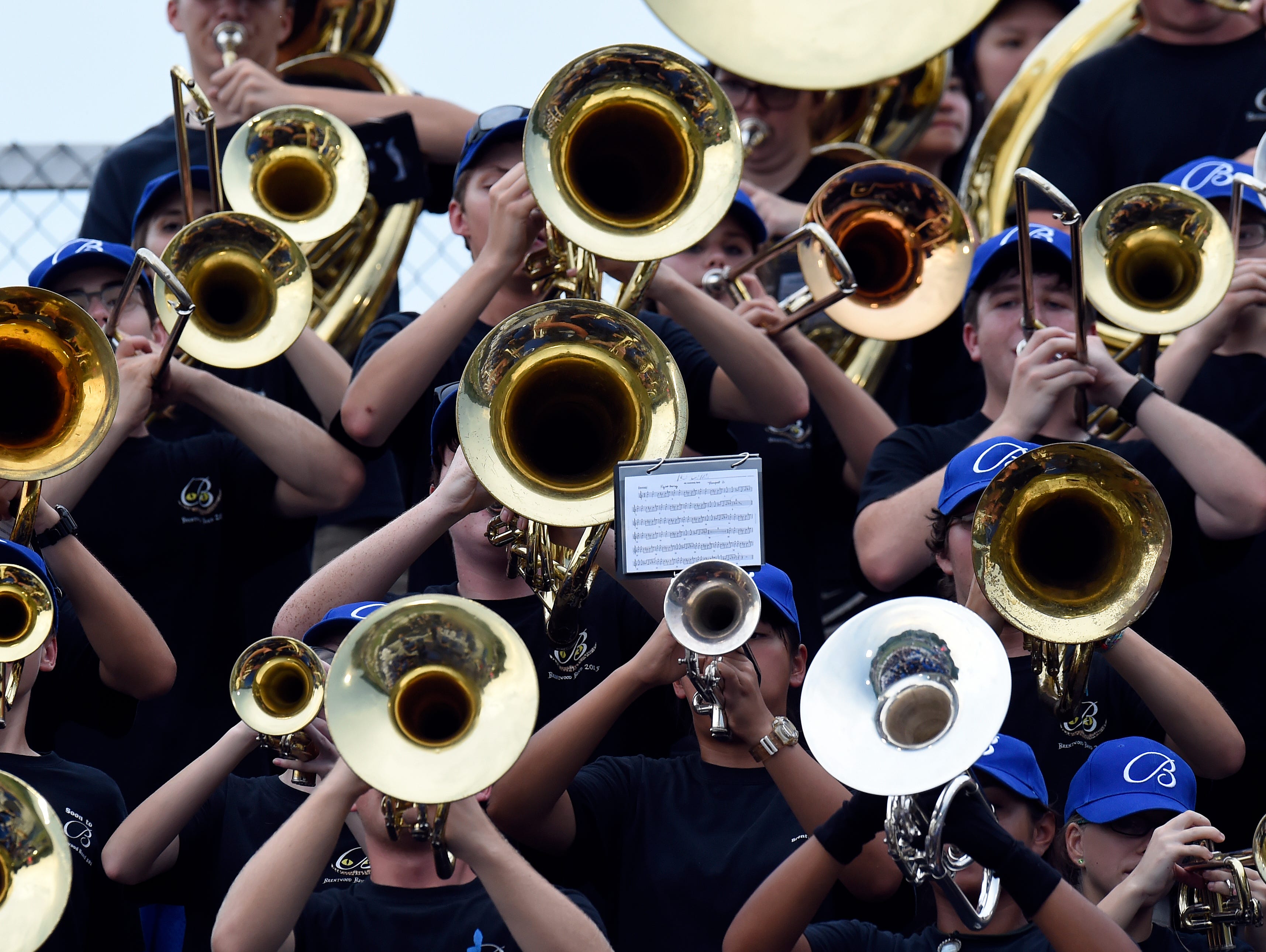 The Brentwood High School band performs before an high school football game against Ravenwoodon Friday, Aug. 26, 2016, in Brentwood, Tenn.