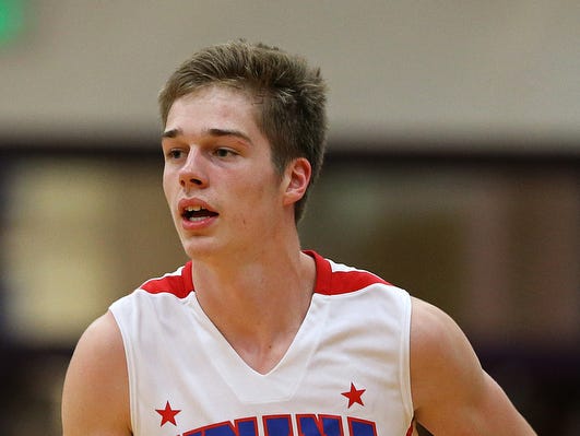 Senior Grant Gelon (10), of Crown Point, hustles down the court during the Indiana boys junior All-Stars versus senior All-Stars, at Bloomington South High School, Bloomington, Ind., Tuesday, June 7, 2016. The senior All-Stars won, 118-96.