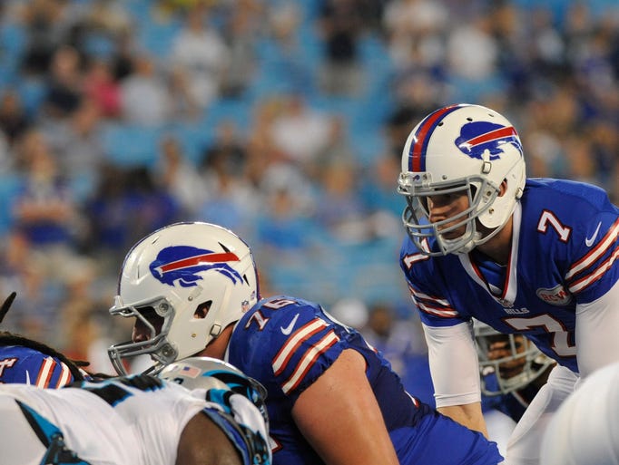 Aug 8, 2014; Charlotte, NC, USA; Buffalo Bills quarterback Jeff Tuel (7) prepares to take the snap during the second half of the game at Bank of America Stadium. Bills win 20-18. Mandatory Credit: Sam Sharpe-USA TODAY Sports