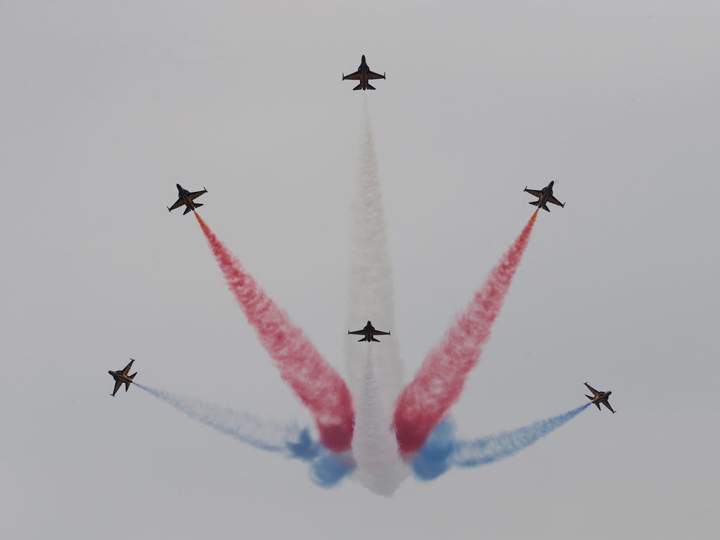 South Korean Air Force's Black Eagles aerobatic team performs during the press day of the 2017 Seoul International Aerospace and Defense Exhibition at Seoul Airport in Seongnam, South Korea.