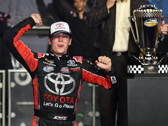 Erik Jones celebrates after winning the 2015 NASCAR