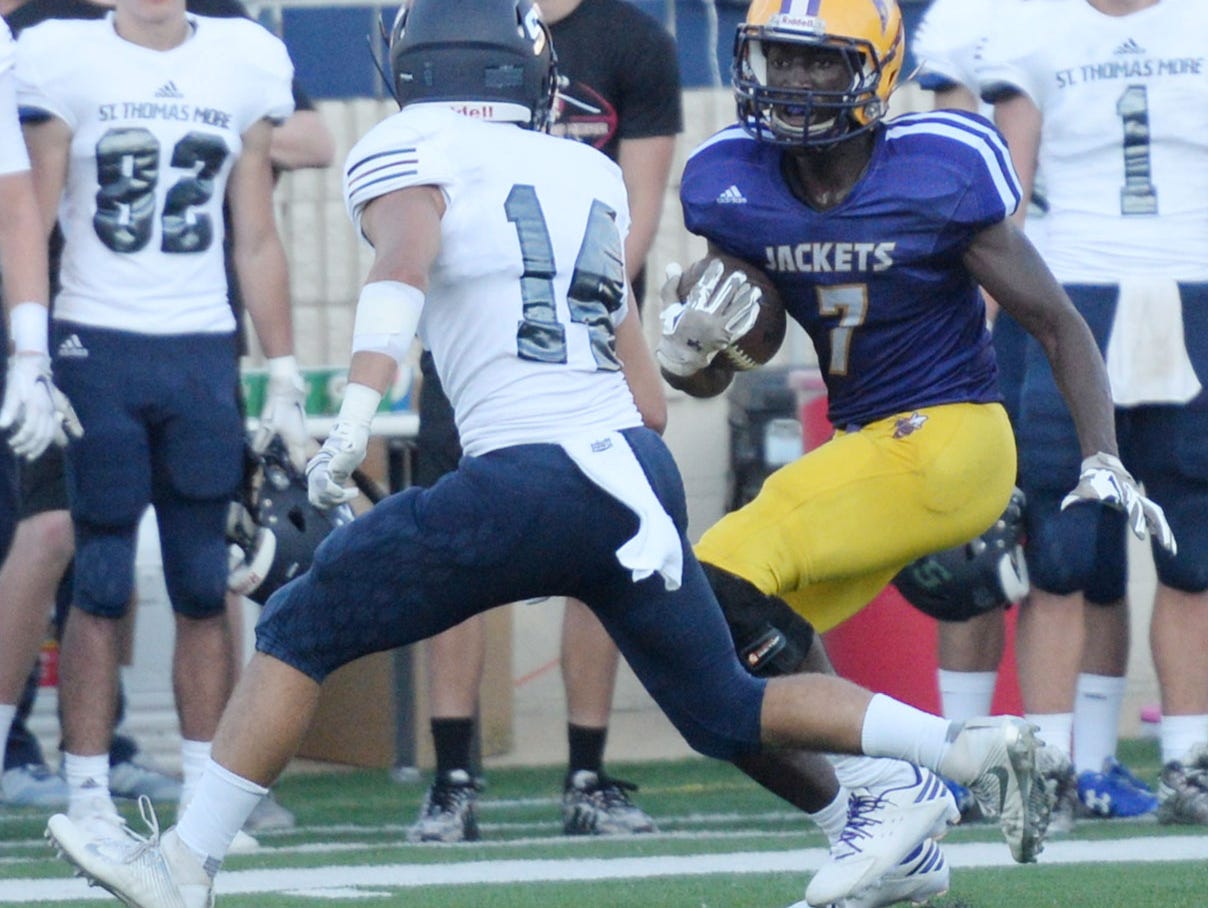 Byrd's Caleb Barnes during their game against St. Thomas More at the Battle on the Border Thursday evening at Independence Stadium.