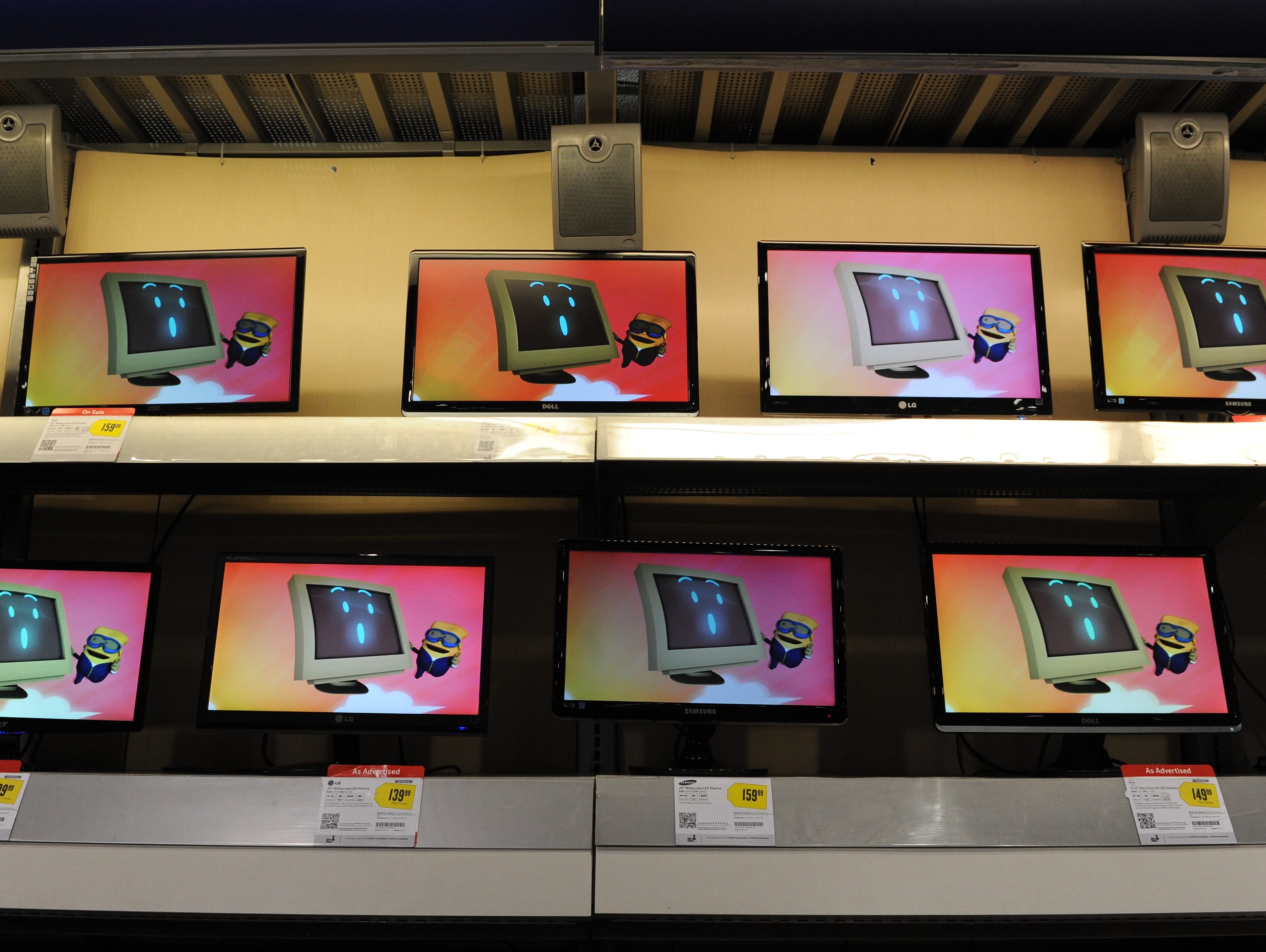 Computer monitors on display at Best Buy in Wilmington, Del.