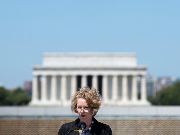 Susan Eisenhower, granddaughter of Dwight D. Eisenhower, speaks at the WWII Memorial in Washington.