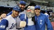 March 8: Israel players pose for photographs with the