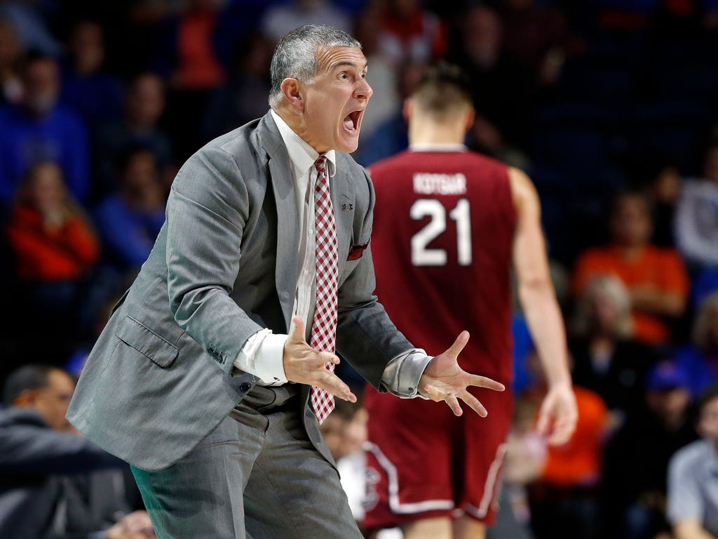 South Carolina Gamecocks head coach Frank Martin reacts against the Florida Gators during the second half at Exactech Arena at the Stephen C. O'Connell Center in Gainesville, Fla.