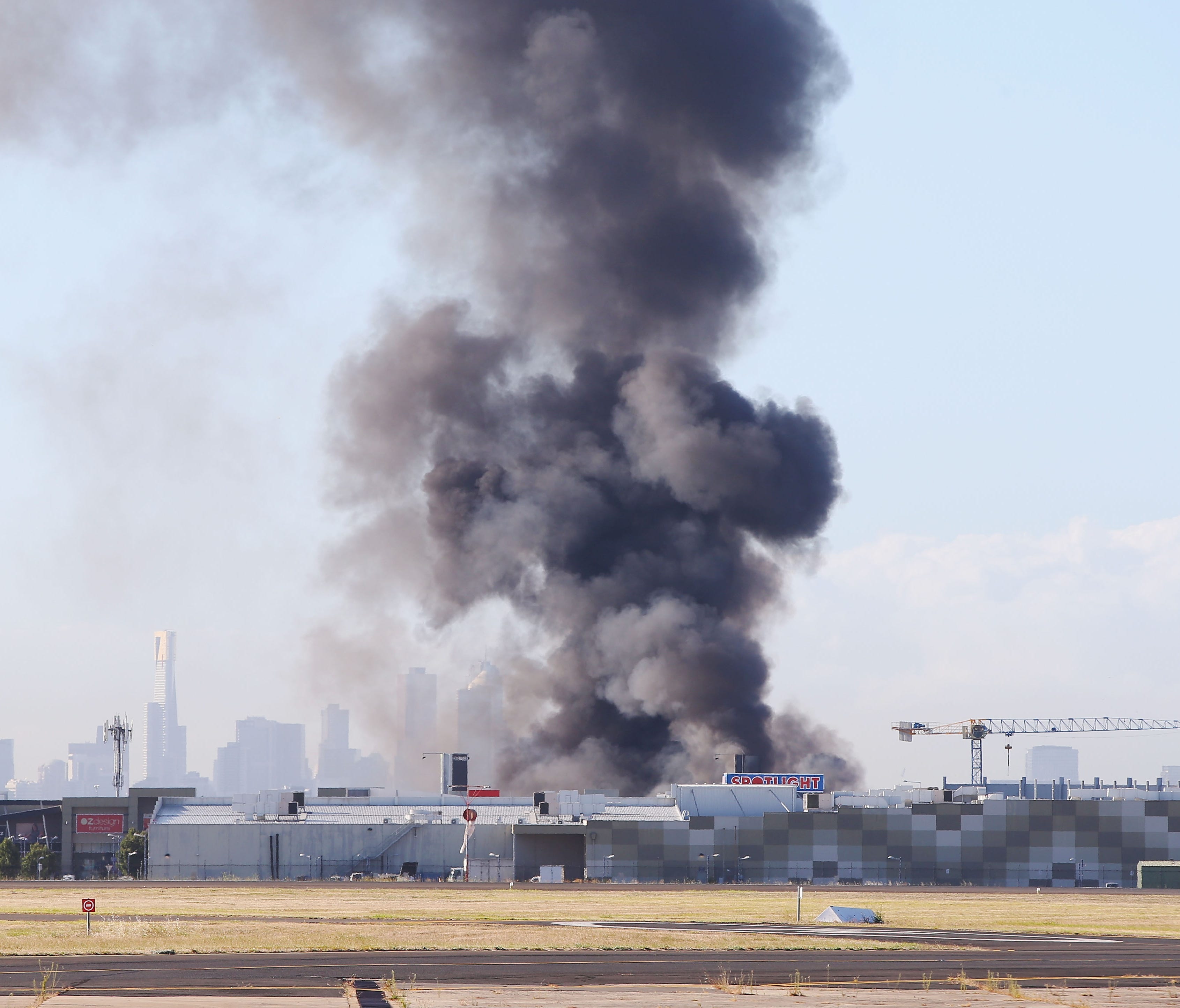 A view from the tarmac at Melbourne's Essendon Airport is seen after a charter plane leaving the airport crashed on Feb. 21, 2017 in Melbourne, Australia.