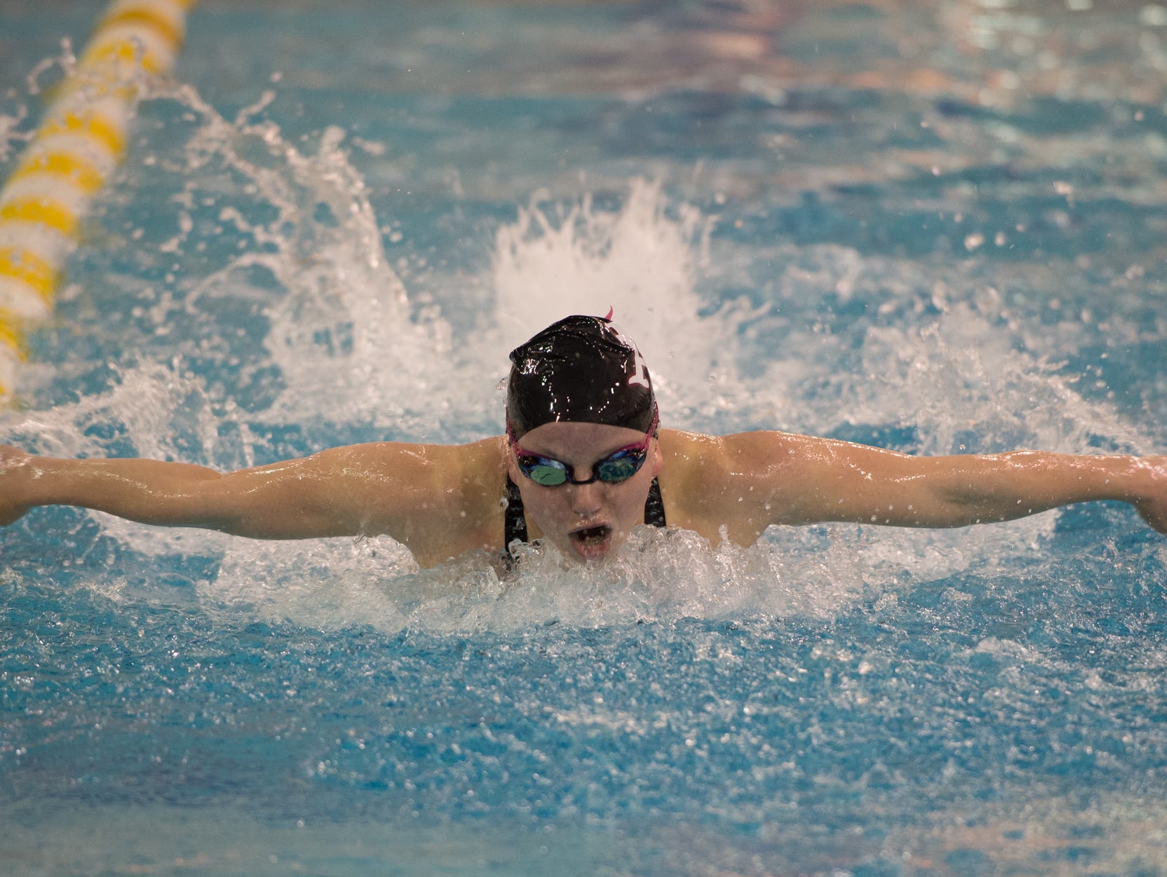 Appoquinimink's Josephine Marsh competes in the 100 yard butterfly final at the girl's DIAA swimming and diving championships at the University of Delaware.