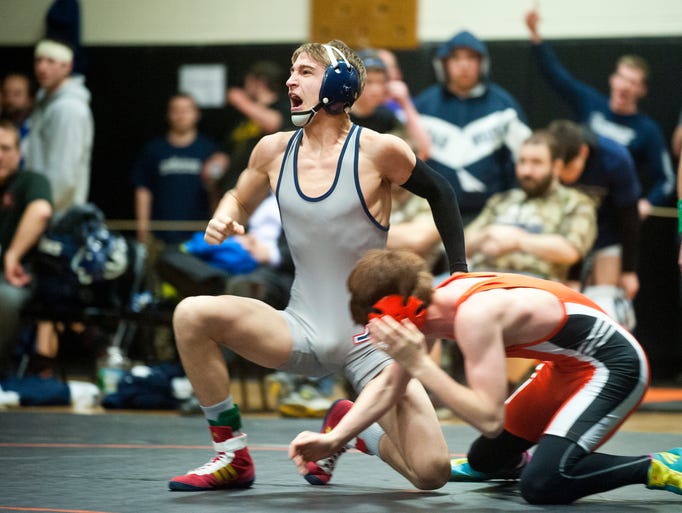 Mount Anthony's Calvin Call reacts after his first-period pin of ...