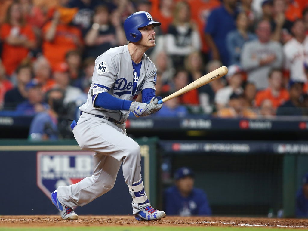 Los Angeles Dodgers first baseman Cody Bellinger hits a three-run home run against the Houston Astros in the fifth inning in game five of the 2017 World Series at Minute Maid Park in Houston.