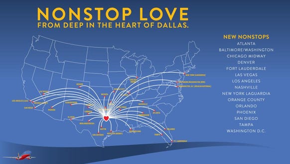 southwest dallas airlines map routes wright nonstop air delta field american flight destinations amendment announces fly flights route service airline
