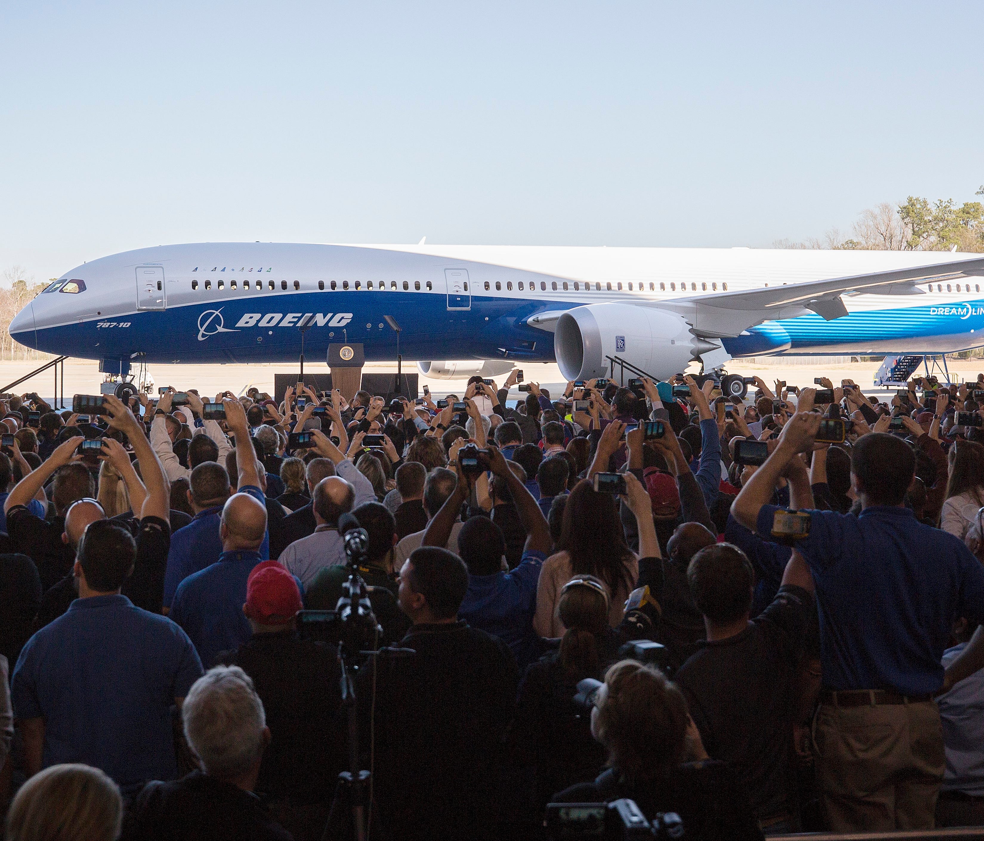 A crowd takes photos of Boeing's new 787-10 Dreamliner at its official unveiling at the jet-maker's production facility in North Charleston, S.C., on Feb. 17, 2017.