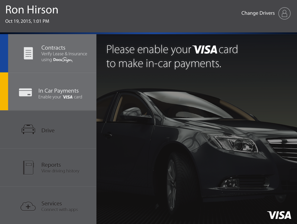The idea behind the prototype Visa/DocuSign in-car app is that automobiles will so become an extension of our wallets, allow for the car to automatically pay for everything from registration renewals to pizza orders.