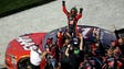 NASCAR Cup Series driver Kurt Busch celebrates winning
