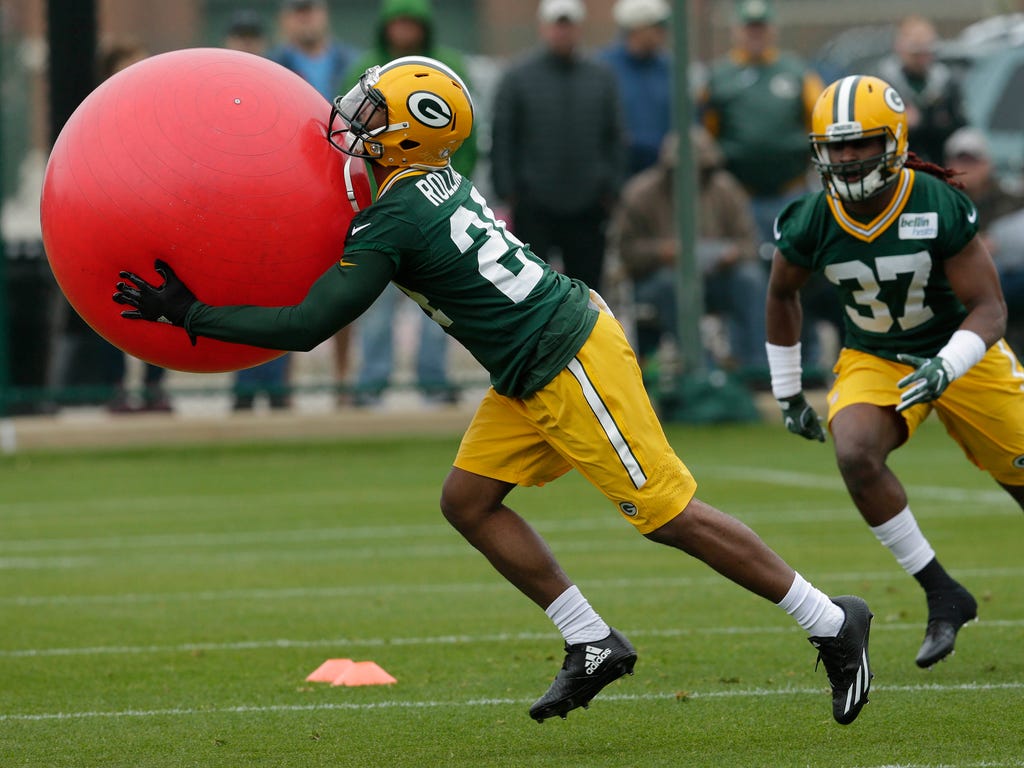 Green Bay Packers cornerback Quinten Rollins trains during organized team activities in Green Bay.