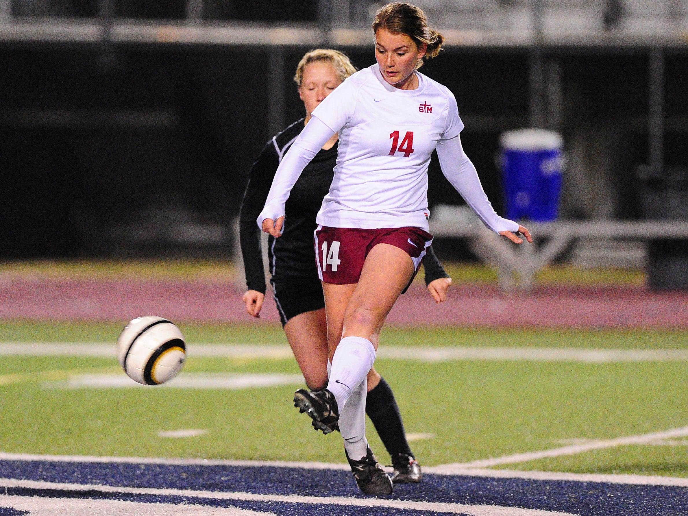 St. Thomas More’s Gabby Miller (14) is hoping to finish out her soccer career with the Lady Cougars with a second straight trip to the state finals. STM is hosting two-time defending state champion Ben Franklin at 6 p.m. Friday in the Division II state semifinals.