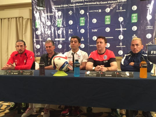 Prior to their World Cup Qualifying match, the Guam and Iran men's national soccer teams held a press conference at the Hilton Guam Resort and Spa on Monday, Nov. 16. Present were, from left, I.R. Iran captain Andranik Teymourian, Iran head coach Carlos Queiroz, a Farsi translator, Matao head coach Gary White and Matao captain Jason Cunliffe.
