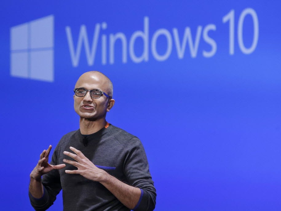 In this Jan. 21, 2015 file photo, Microsoft CEO Satya Nadella speaks at an event demonstrating the new features of Windows 10 at the company's headquarters in Redmond, Wash.