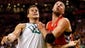 Boston Celtics forward Kris Humphries (43) works for the rebound against Toronto Raptors small forward Steve Novak (16) in the first half at TD Garden.