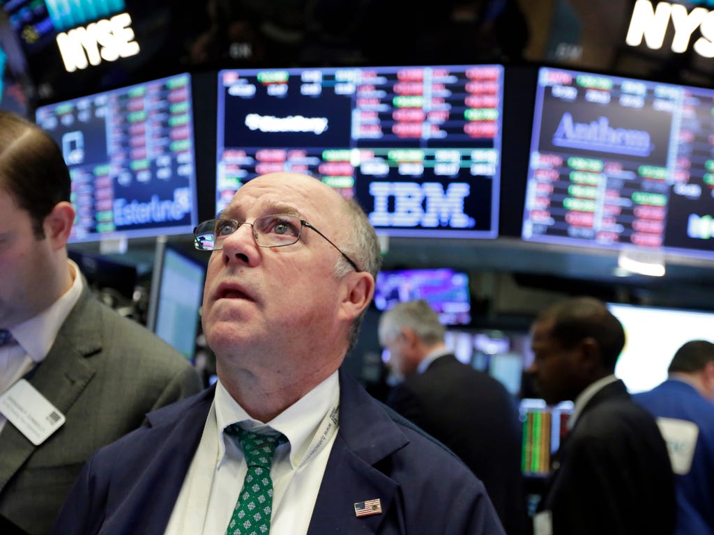 Trader Frederick Reimer works on the floor of the New York Stock Exchange, Feb. 6, 2018. The Dow Jones industrial average fell as much as 500 points in early trading, bringing the index down 10% from the record high it reached on Jan. 26. The DJIA qu
