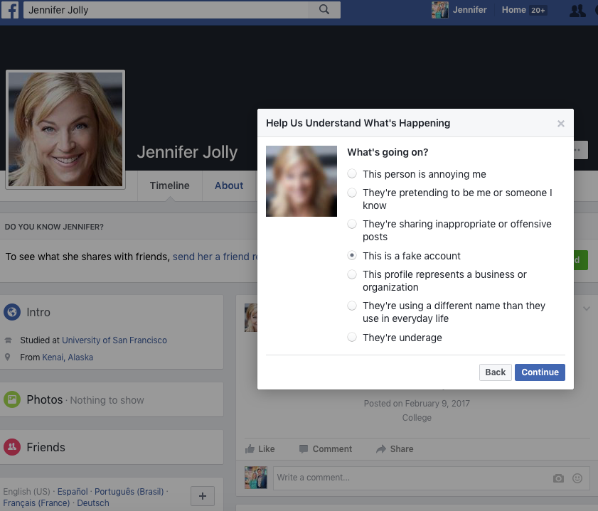 Reporting clone pages on Facebook.