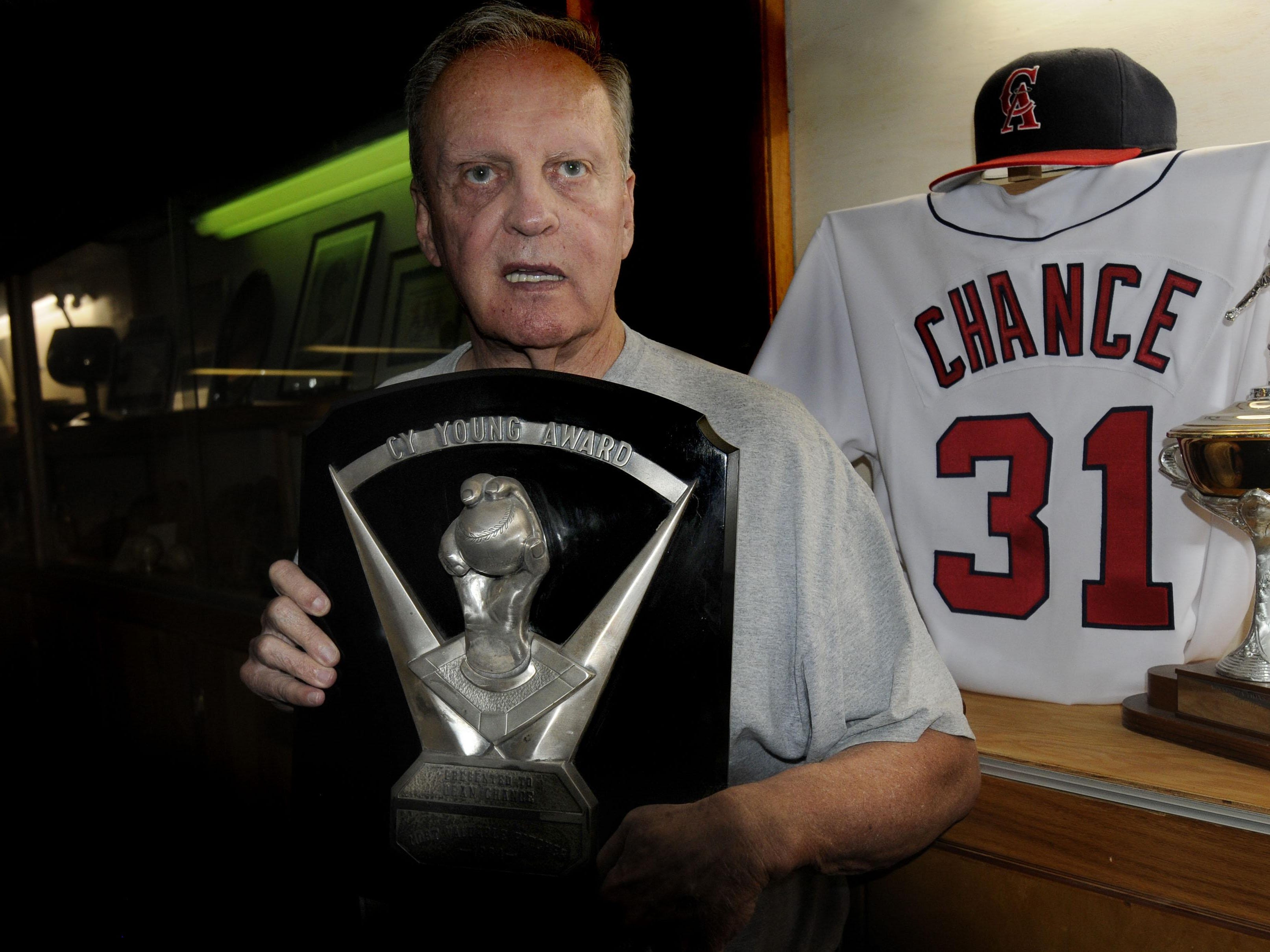 Dean Chance with the 1964 Cy Young Award he won with the Los Angeles Angels.