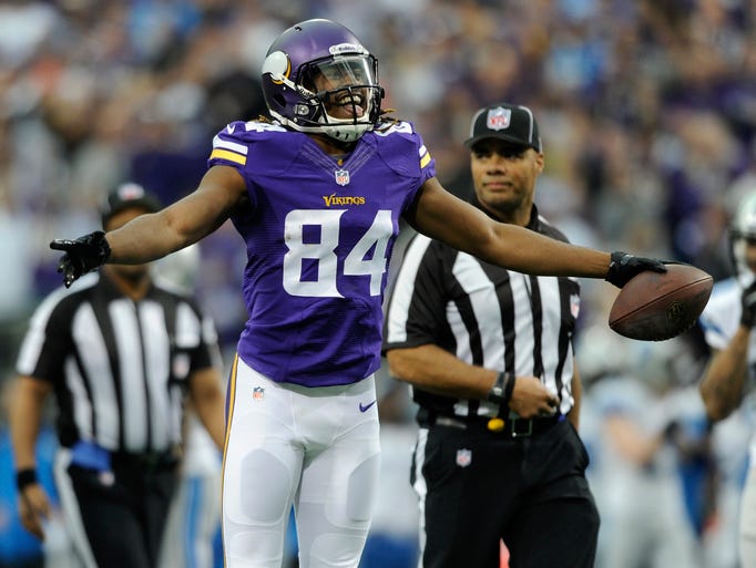MINNEAPOLIS, MN - DECEMBER 29: Cordarrelle Patterson #84 of the Minnesota Vikings celebrates a touchdown against the Detroit Lions during the first quarter of the game on December 29, 2013 at Mall of America Field at the Hubert H. Humphrey Metrodome in Minneapolis, Minnesota. (Photo by Hannah Foslien/Getty Images)