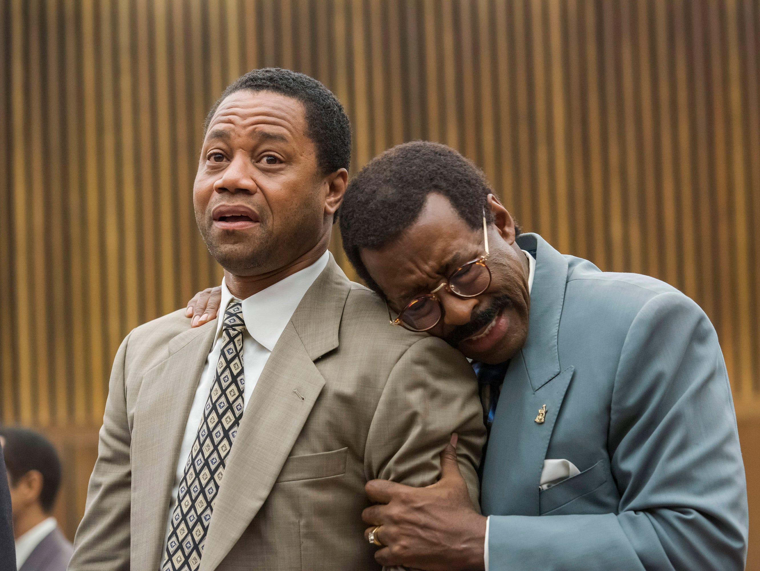 O.J. Simpson (Cuba Gooding Jr.) and attorney Johnnie Cochran (Courtney B. Vance) react to the verdict in FX's 'The People v. O.J. Simpson: American Crime Story.'