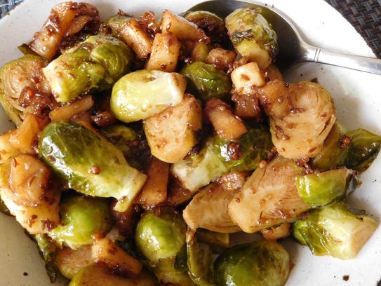 Glazed Brussels Sprouts with Apples, Grainy Mustard