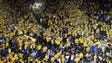 Confetti falls as spectators celebrate the Golden State