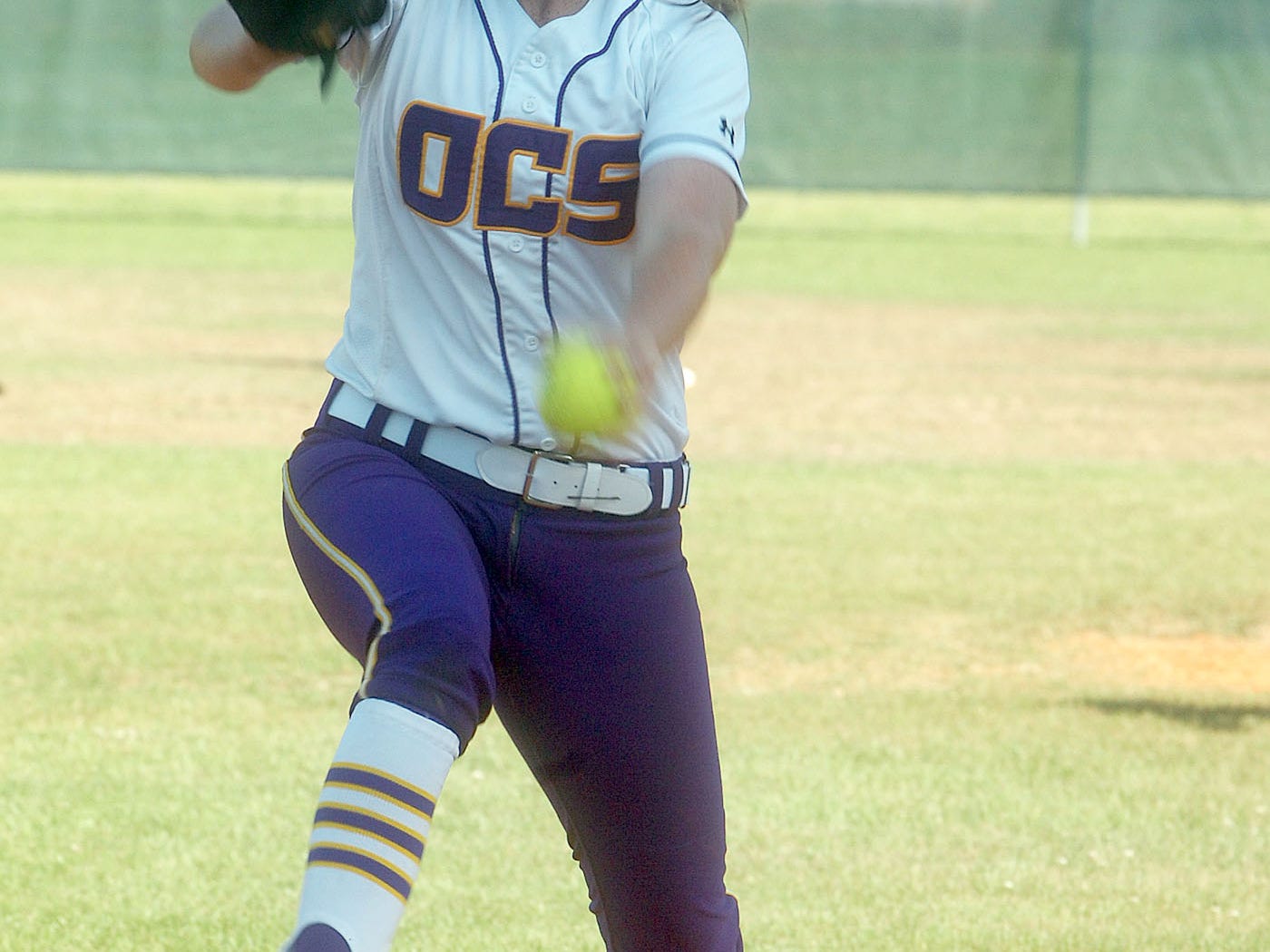 OC pitcher Tori Collins delivers a pitch in a game played earlier this season. Collins won both games played against Delcambre Wednesday at Pelican Park, helping the Vikings to an outright District 5-2A softball championship. OC won both games which initially had been suspended earlier this year.
